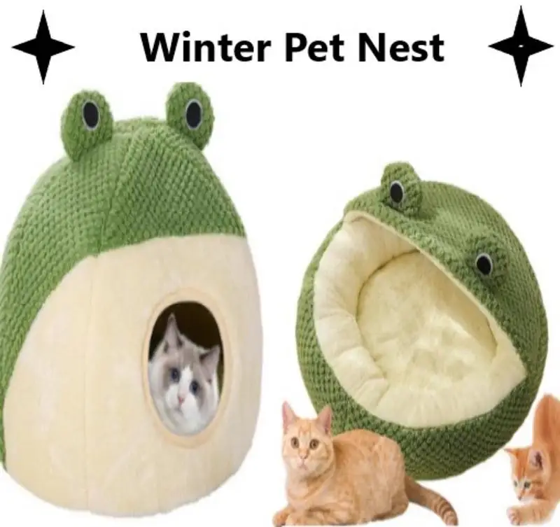 Pet Nest Winter Warm Dog Den Cat Villa Plush Pet Mattress Small Frog Shape Semi Enclosed Kitten Puppy House Pet Supplies Dropshi