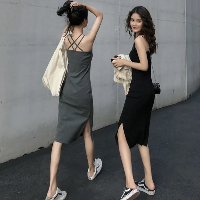 

Hot Selling Sexy Women's Clothing Solid Color Camisole Dress Sleeveless Skirt Side Slit Dress Slim Fashion Women's Clothing Top