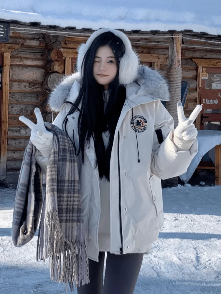 Retro American White Large Fur Collar Parka Cotton Jaet Men Winter Thi Warm Couple ort Workwear Cotton Coat