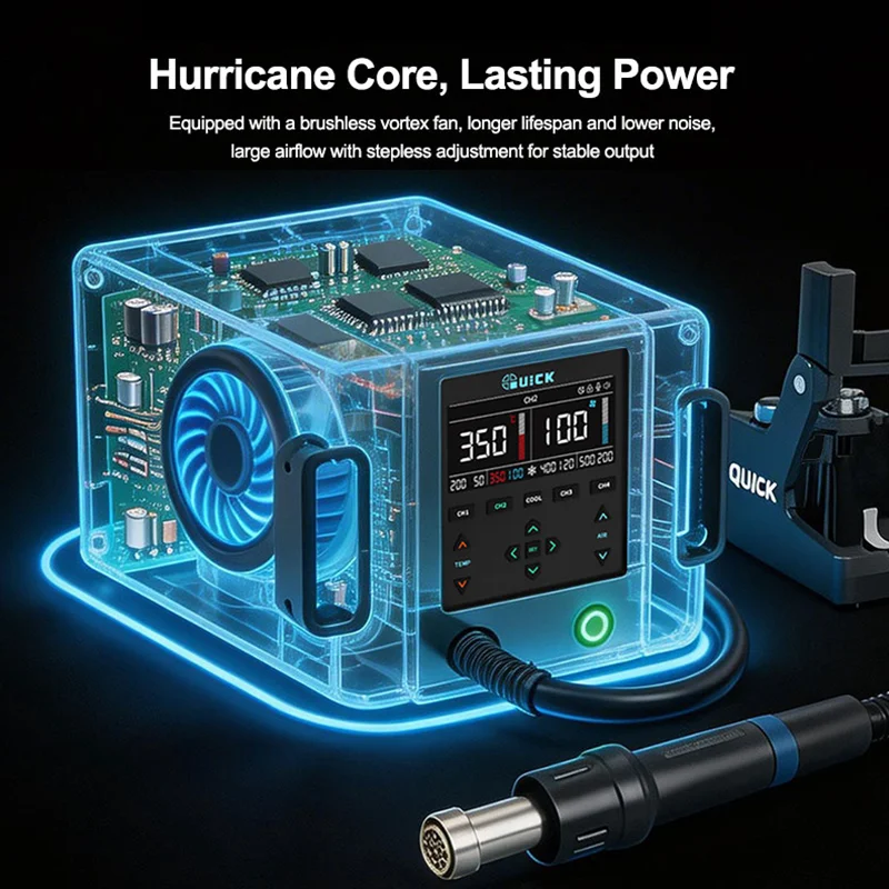 QUICK 1300W Hot Air Rework Station Powerful Airflow Voice Control HD Screen Auto Sleep Professional Phone PCB Repair Tools