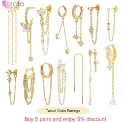 925 Sterling Silver Needle Long Tassel Chains Hoop Earrings  for Women Exquisite Crystal Pendant Earrings Wedding Jewelry Gift