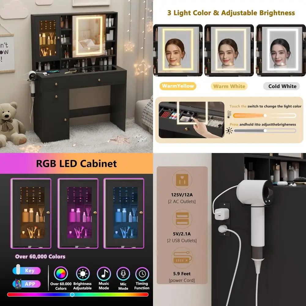 Роскошный черный туалетный столик для макияжа с зеркалом с подсветкой, стеклянной столешницей, хранилищем, розетками, ящиками и шкафами