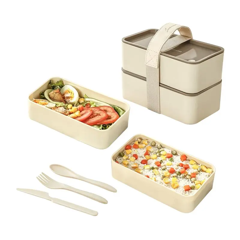 AFOURT-Portable Bento Box With Tableware,Double-Layer Microwave Safe Lunch Box,Leak Proof Food Container For Students