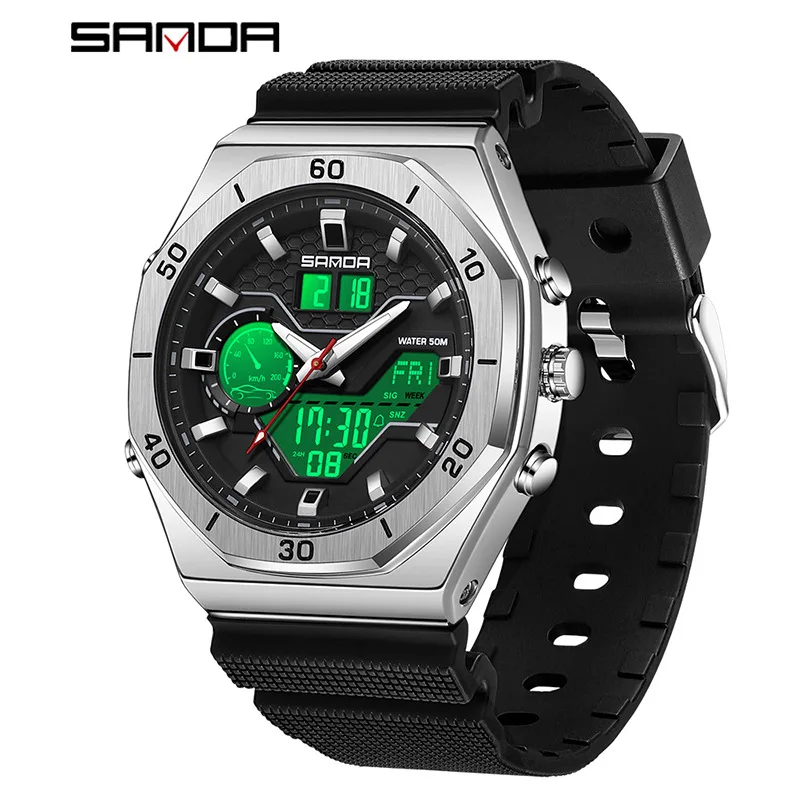 Sanda 6209 Men Waterproof Quartz Countdown Three Local Time Led Digital Watches Alarm Dual Movement Electronic Reloj De Hombre