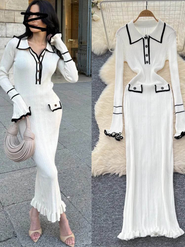 French Vintage Knitted Dress Women Lapel Long Sleeved Slim Bodycon Dresses Ladies Slim Elegant Spring Autumn Long Robe Vestidos