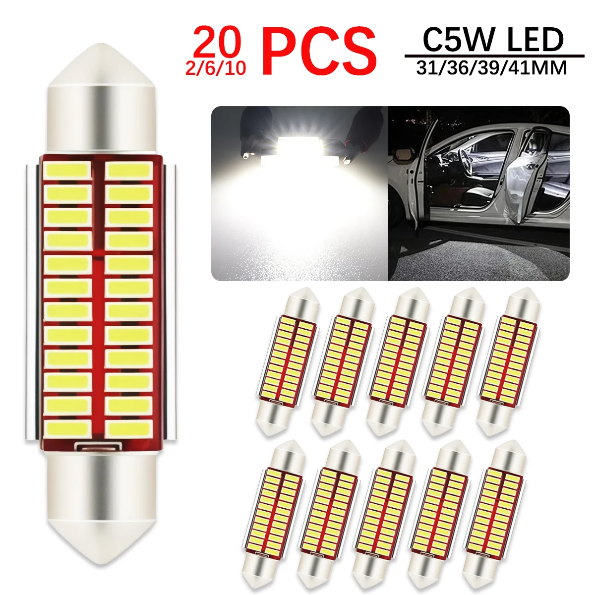 

6/20 PCS C10W C5W LED Bulb Canbus 12V Festoon 31mm 36mm 39mm 41mm 6500K White Car Interior Map Dome Trunk License Plate Lights