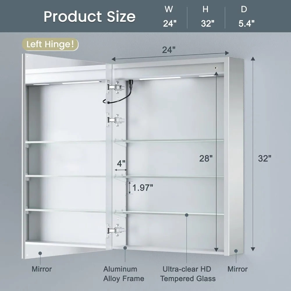 24x32 Inch Medicine Cabinet with Lights, AL Alloy Frame, Plug-in or Hardwired, Recessed or Wall Mount, Mirror Doors/3 Colors