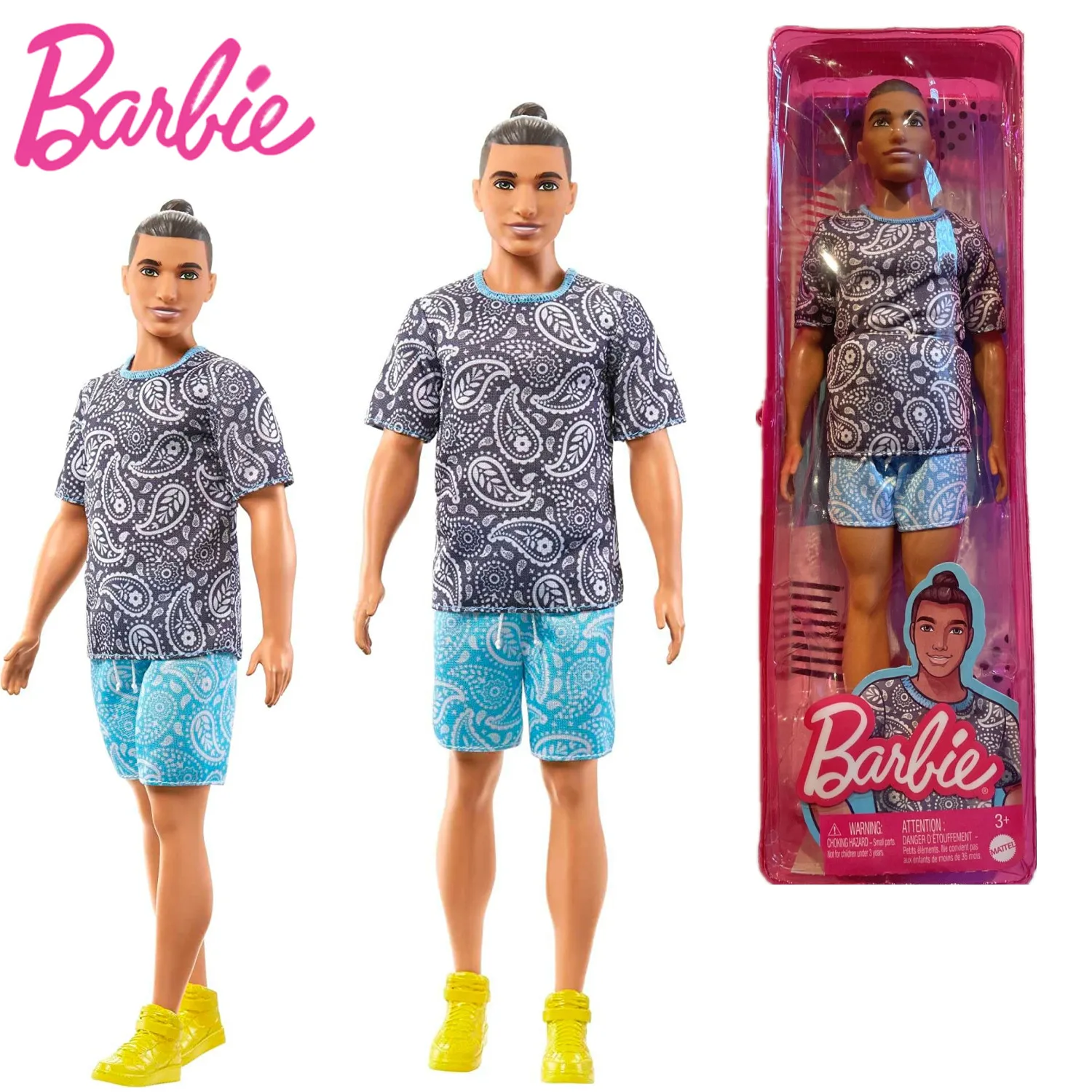 

Barbie Fashionistas Doll #204 Ken Doll Brown Bun with Printing T-Shirt and Shorts Barbie Ken Doll Play House Toy for Kids