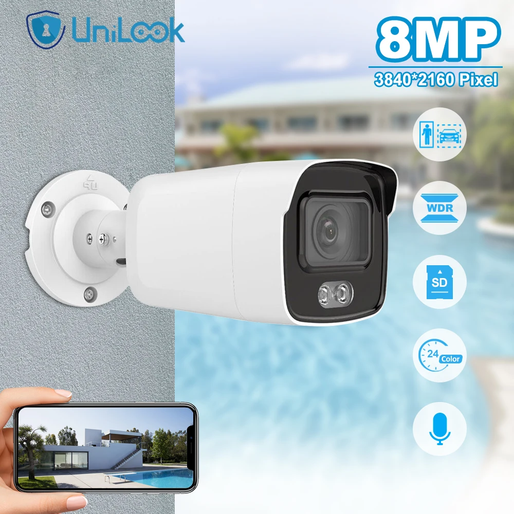 

Unilook 8MP POE IP Bullet Camera Outdoor 24/7 Full ColorVu 30m CCTV Video Surveillance IP67 Max 256GB SD Card Audio H.265 WDR