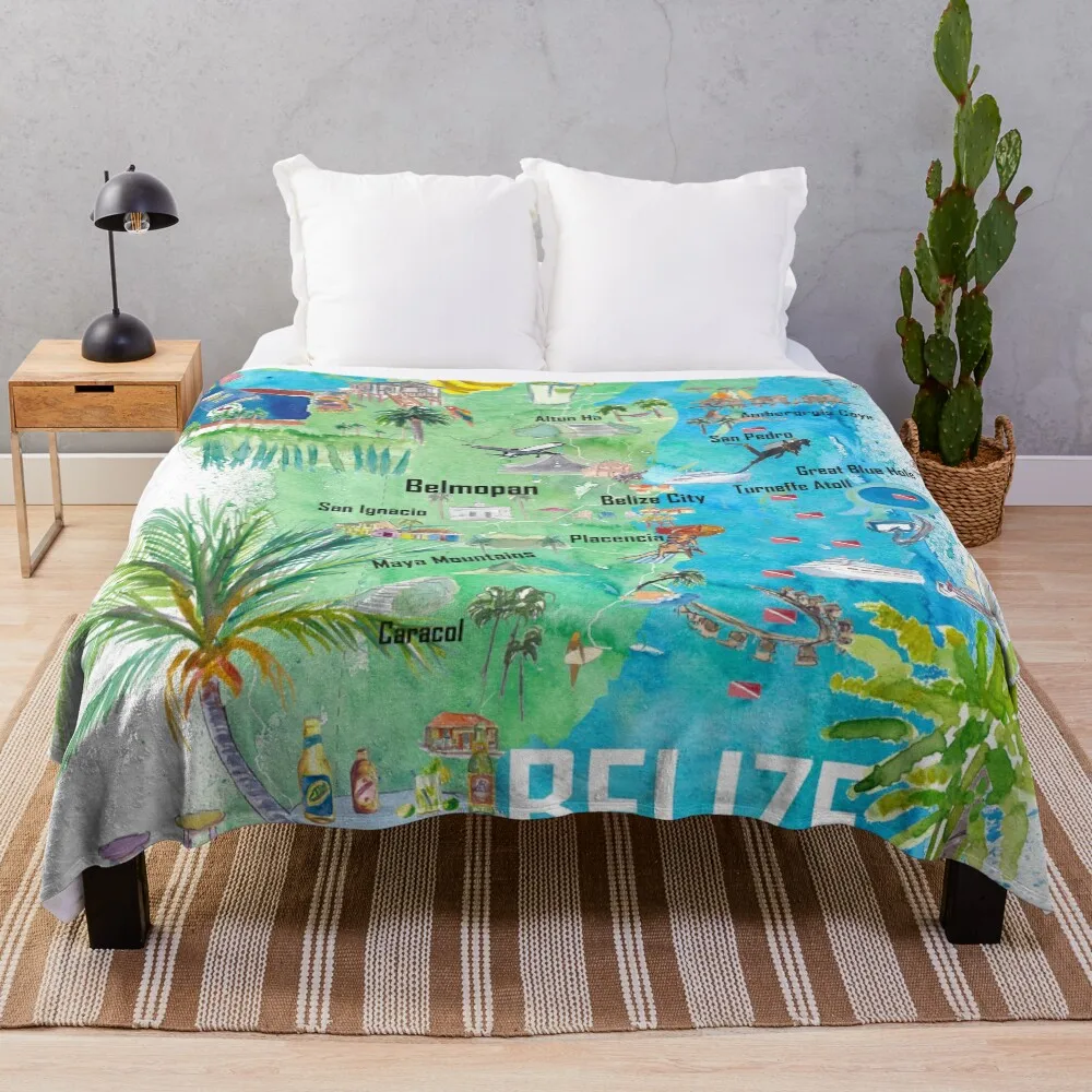 

Belize Caribbean Illustrated Travel Map with Roads and Tourist Highlights Throw Blanket