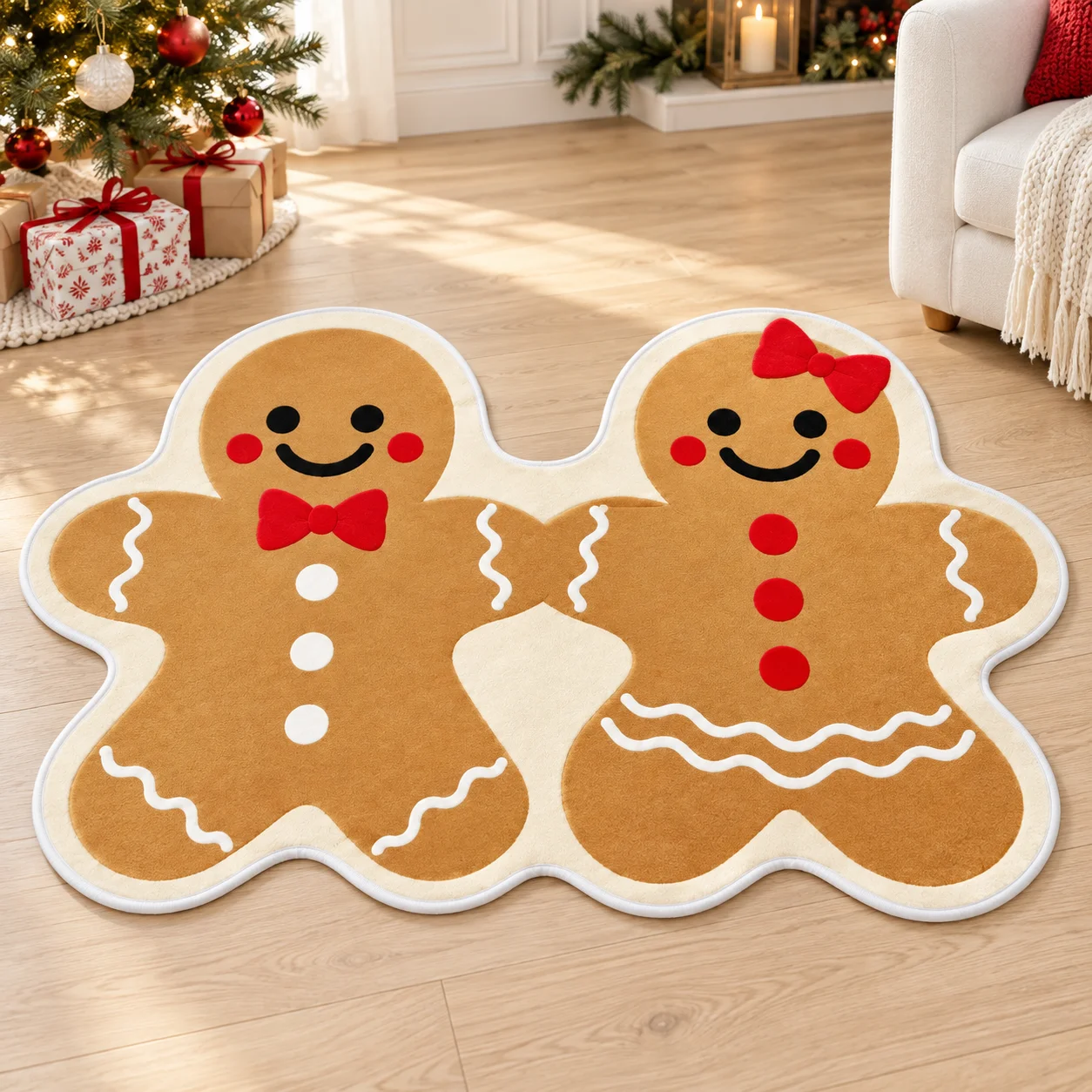 Christmas Gingerbread Couple Shaped Area Rug Irregular Festival Floor Mat for Kitchen Entryway Bedroom and Holiday Home Decor