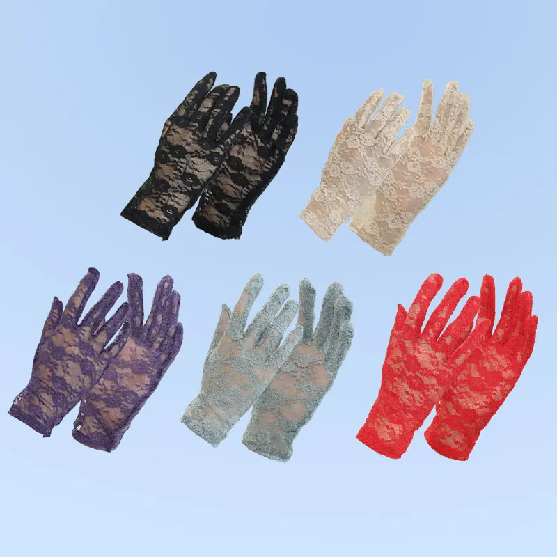 Women's Summer Short Floral Lace Openwork Gloves, Thin Split-Finger Scar Coverage, Etiquette Wedding Bridal Breathable Gloves