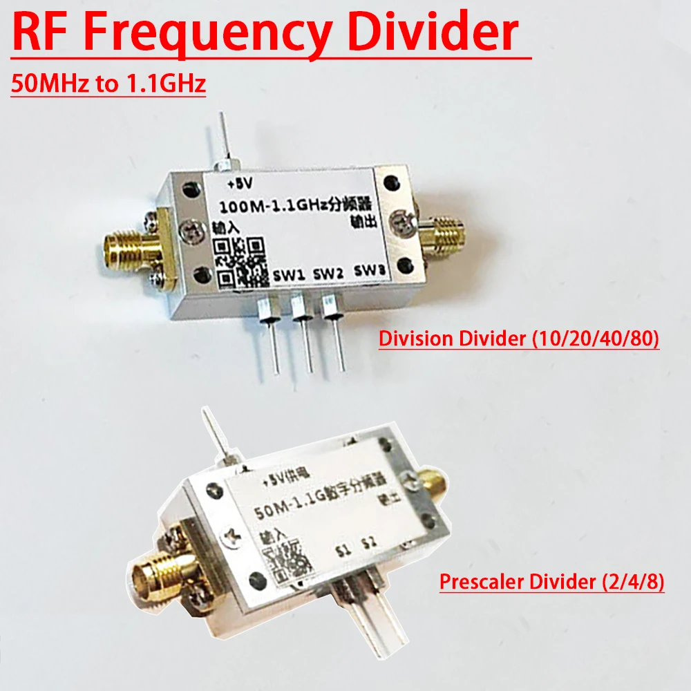 

Программируемый радиочастотный делитель-преобразователь 50 МГц ~ 1,1 ГГц с выбираемыми коэффициентами деления 2/4/8 или 10/20/40/80, преобразует частотные сигналы