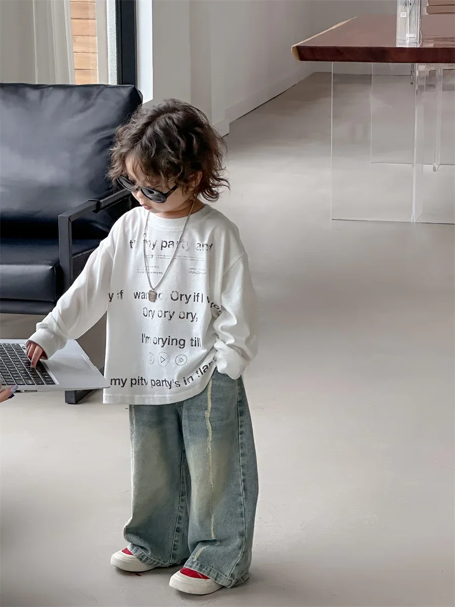 Baby Clothes Letter T Shirt Autumn Top Boys Korean Style 2024 New Fashionable Printed Long-sleeved Casual Simple T-shirt