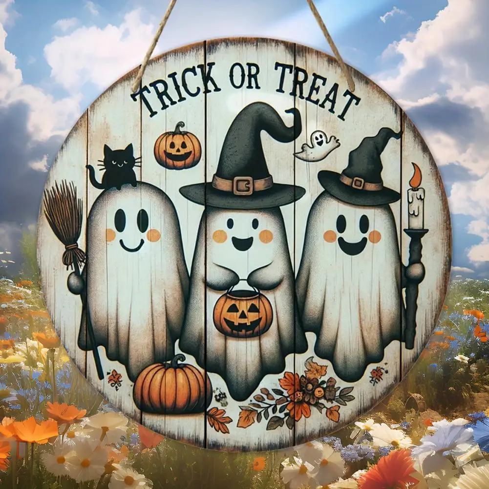 Seasonal Door Decoration Spooky Halloween Wooden Door Sign with Ghost Pumpkin Witch Gnome Round Door Hanger for Front for A