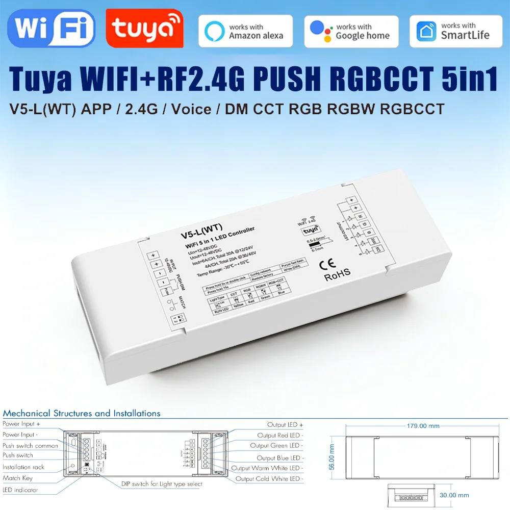 DC12V-48V Tuya Wifi 5 In1 RGBCCT LED Controller V5-L(WT) LED Dimmer Single Color RGB RGBW RGBCCT LED Strip Light Work with Alexa