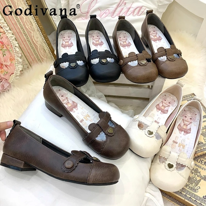 

Original Japanese Girl Kawaii Round Toe Flat Shoes Women's Sweet Elegant Lolita Mary Jane Shoes Autumn Winter New Low Heel Pumps