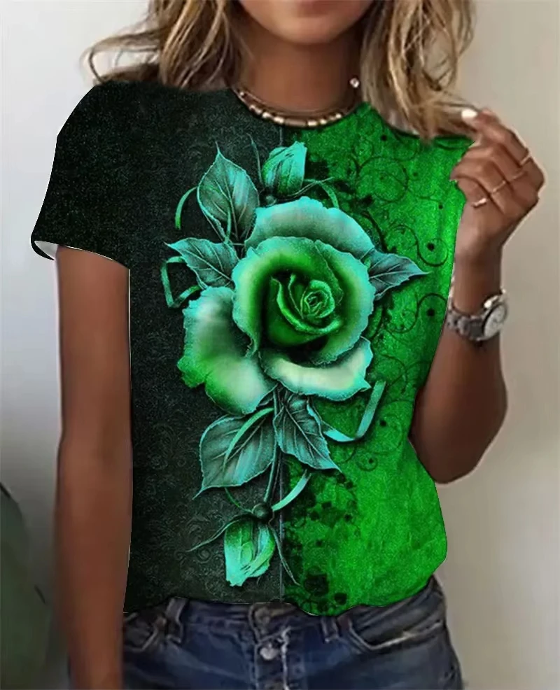 جديد أزياء المرأة قصيرة الأكمام تي شيرت روز نمط 3D الطباعة المألوف Harajuku جولة الرقبة قميص المتضخم الرجال الملابس