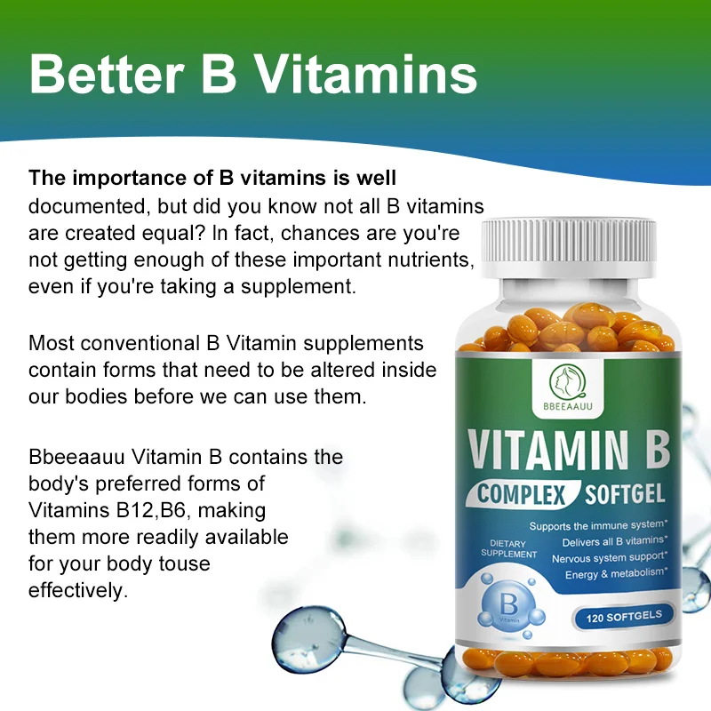 BBEEAAUU Organic Vitamin B Complex Capsules(B1,B2,B3,B6,B12) Immune System Brain and Heart Health Nervous System Metabolism