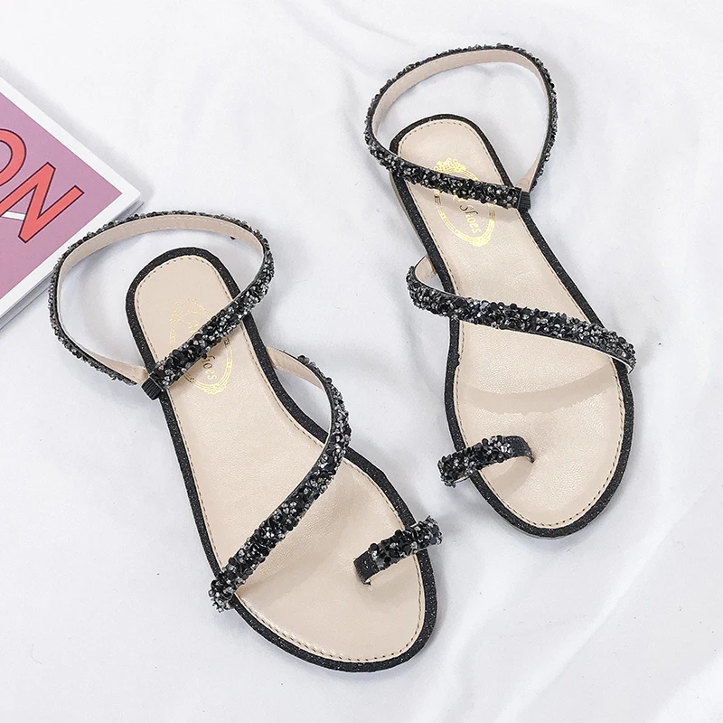 Women's Sandals Summer New Round Head Set Toe Drill Strip Thin Hollow Slippers Casual Comfortable Lightweight Soft Soled Sandals