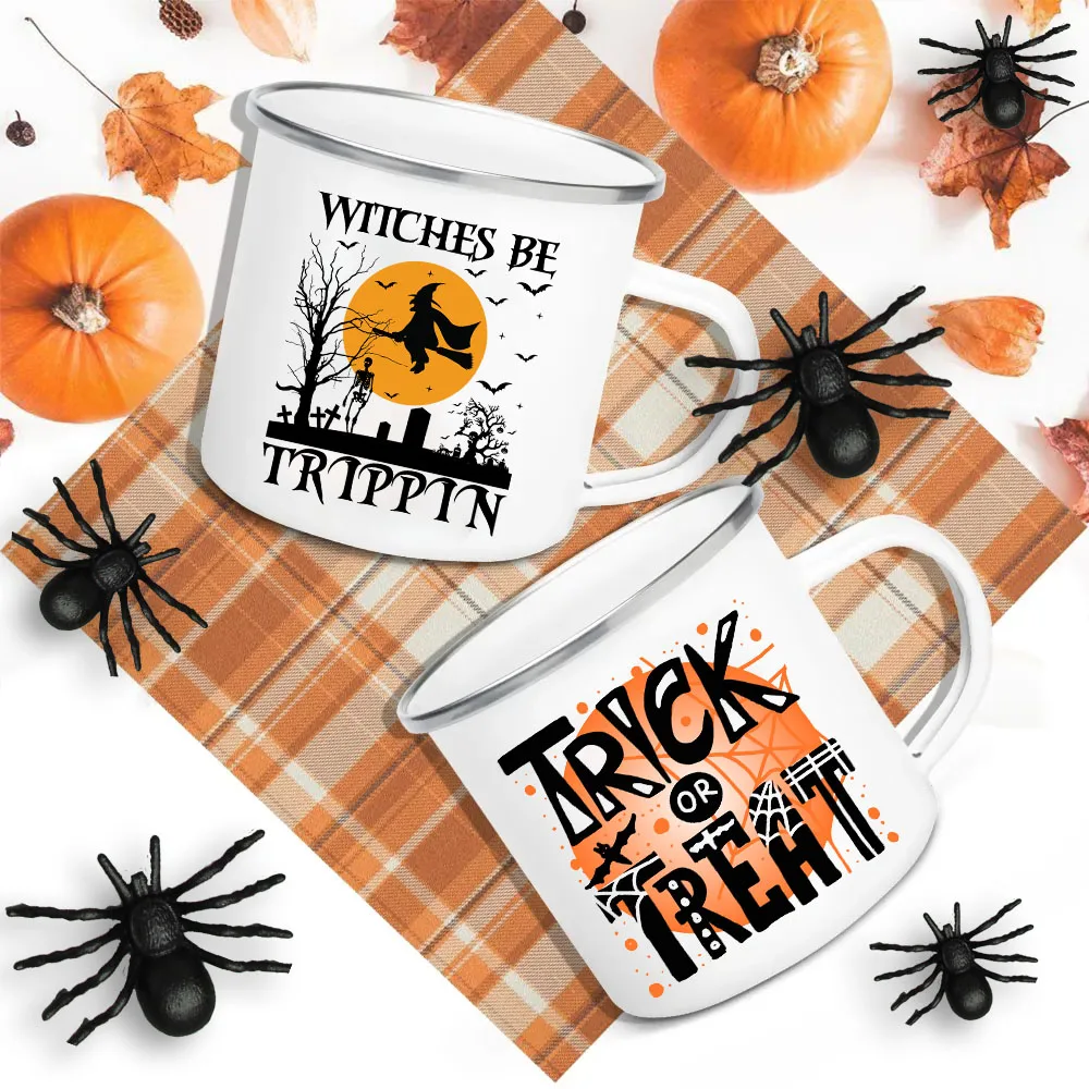 Trick or Treat Printed Enamel Mugs Coffee Cups Halloween Party Juice Milk Mug Hot Cocoa Handle Cup Fall Festive Gifts for Kids