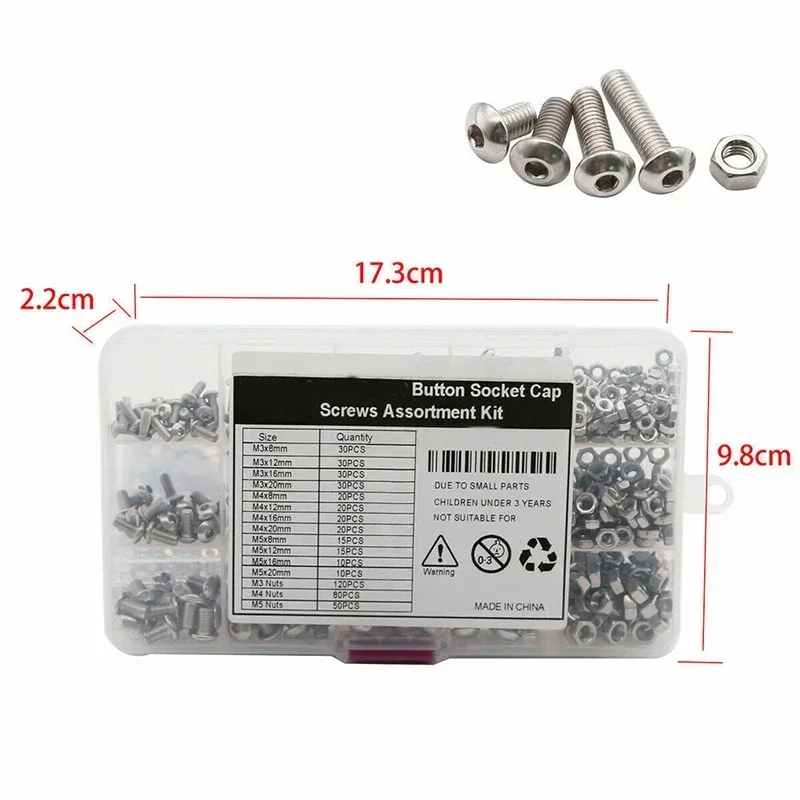 500pcs M3 M4 M5 Stainless Steel Hex Button Socket Head Cap Screw Nut Hexagon Metric Thread Machine Bolt Assortment Kit Set