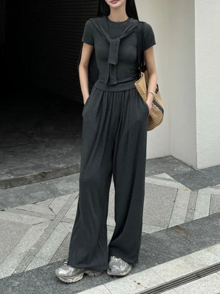 

Summer Casual High-End Feelings Women's Set New 2026 Shawl Short Sleeve T-Shirt Draping Straight Pants Three-Piece Set