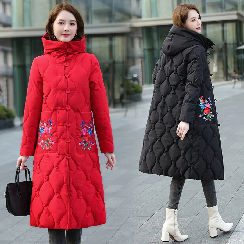 

Красное зимнее джуто в этническом стиле с шапкой, хлопковое женское пальто средней длины с вышивкой на пуху и толчками, хлопковая одежда большого размера