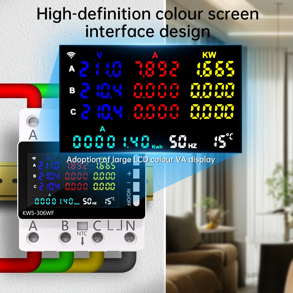 AC 85-290V 80A Tuya WIFI Smart Circuit Breaker Three Phase 4-Wire Rail Voltage Meter KWH Power Energy Meter APP Remote Control