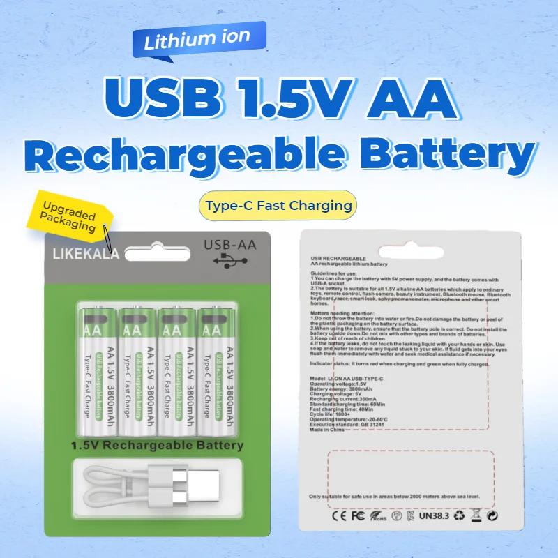 

USB Rechargeable AA Li-ion Batteries 1.5V 3800mAh Long Lasting for Kids Toys Keyboard Mouse Thermometer MP3 Player