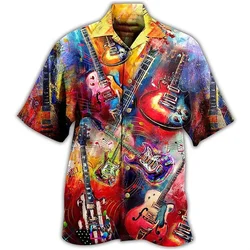 Camisa impressa de instrumento musical masculino, parte superior de botão, respirável, roupa solta, divertida, confortável, macia, verão