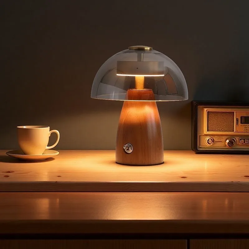 2026 New Wooden Vintage Mushroom Table Lamp,Minimalist Luxury Glass Bedside Ambient Light, Decor Night Lamp for Bedroom Interior