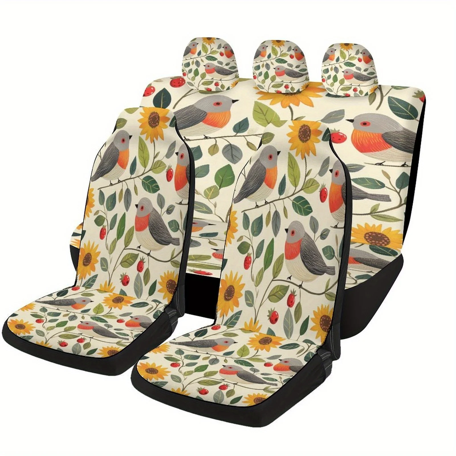 

Birds And Sunflowers Pattern Themed Car Seat Covers Set For Most Cars, Fashionable Decorative Car Seat Protector Covers Full Set