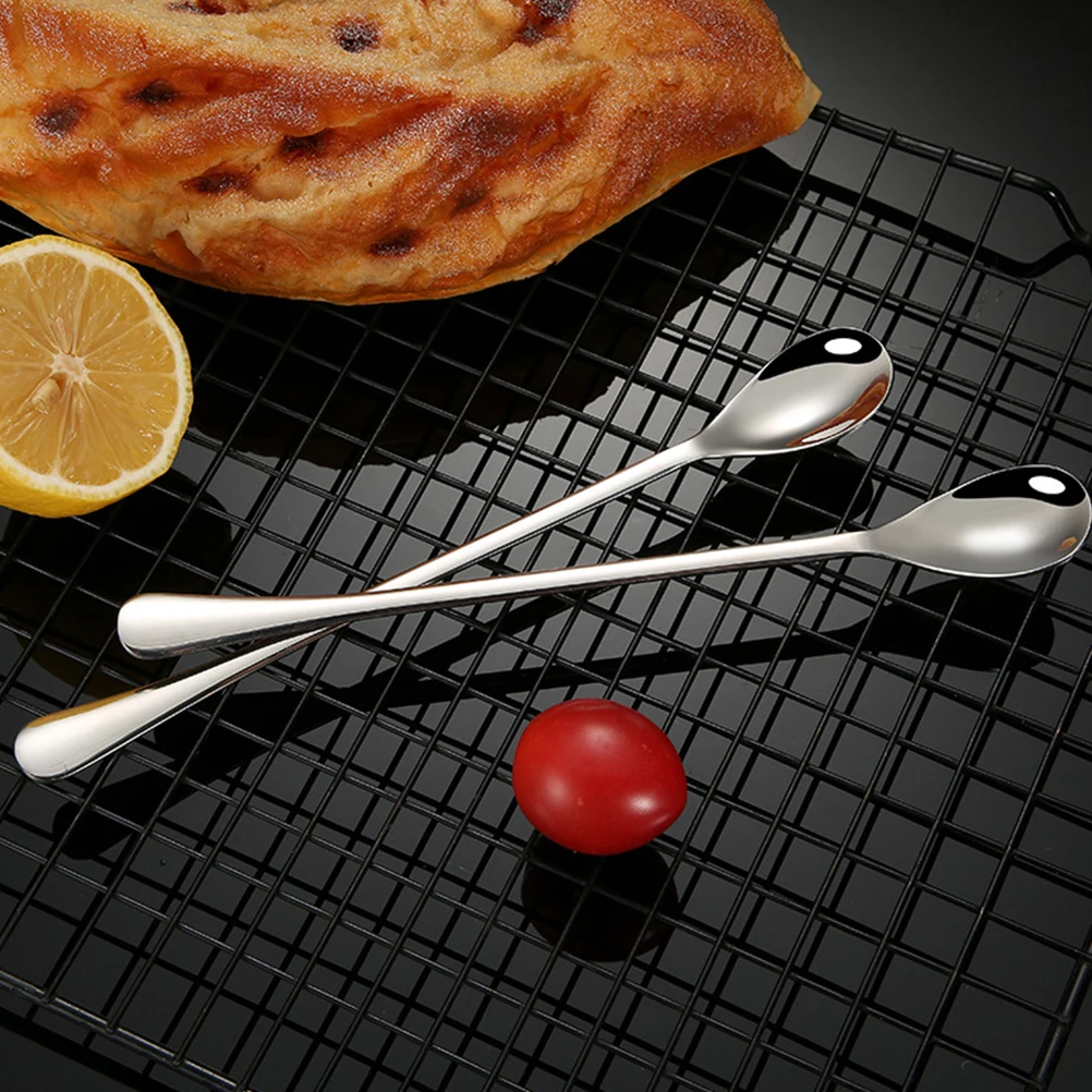

6 Pcs Long Handle Mixing Spoon Stainless Steel Silver Cocktail Stir Ice Scoop Kitchen Bar Desert Serving Utility