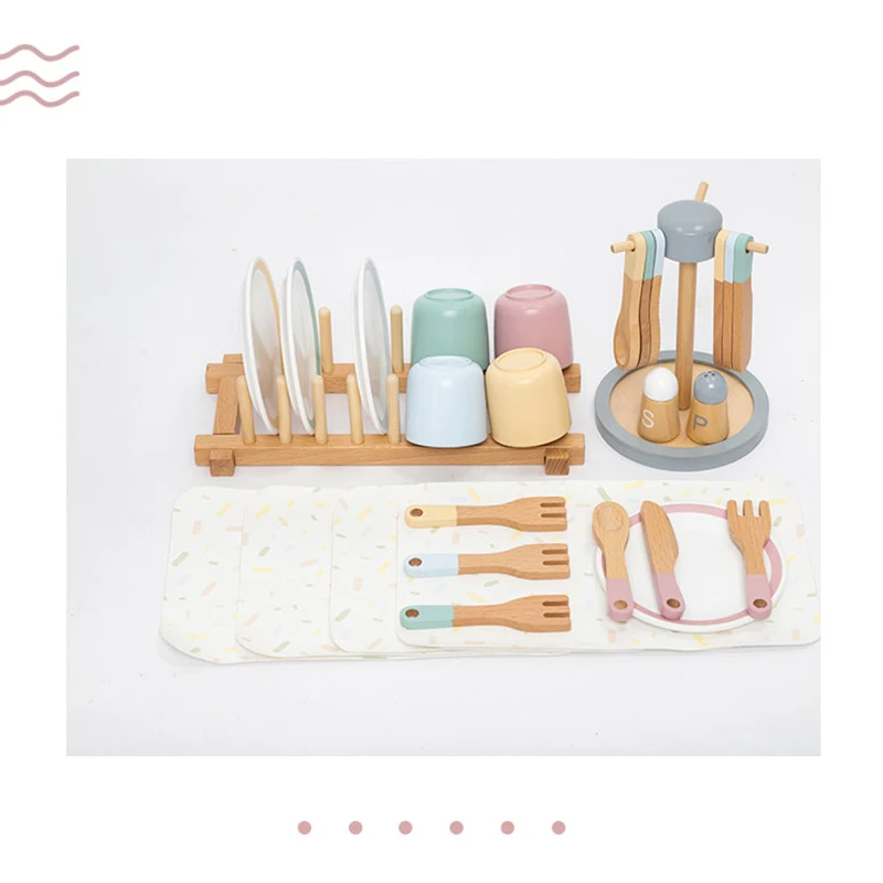 [2 opzioni disponibili] Set da cucina in legno per bambini con set di stoviglie e coltelli - Giocattolo da cucina educativo interattivo