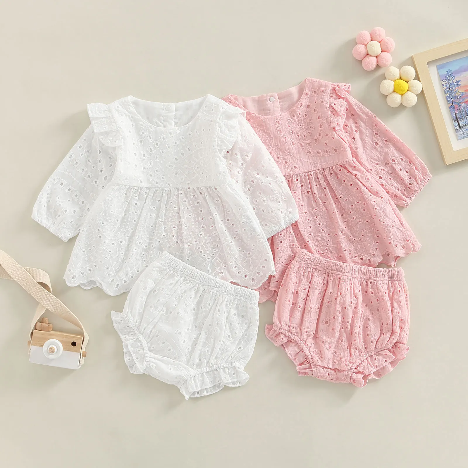 Toddler Baby Girl Clothes 2Pcs Set Solid Color Cutout Round Neck Long Sleeve T-shirt Tops and Elastic Casual Ruffle Shorts 3-24M