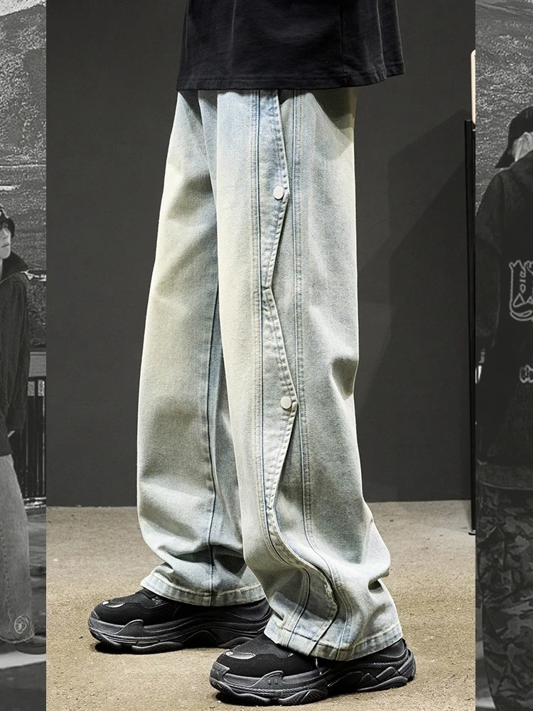 Spring and Autumn New Blue Loose Wide-Leg Straight Pants American High Street Black Patchwork Workwear High-Waist Denim Pants