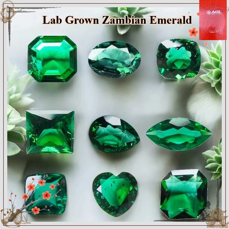 

Hand Cutting Lab Grown Zambian Emeralds Hydrothermal Variou Cut Selectable Certificate with Cracks Inclusions Inside