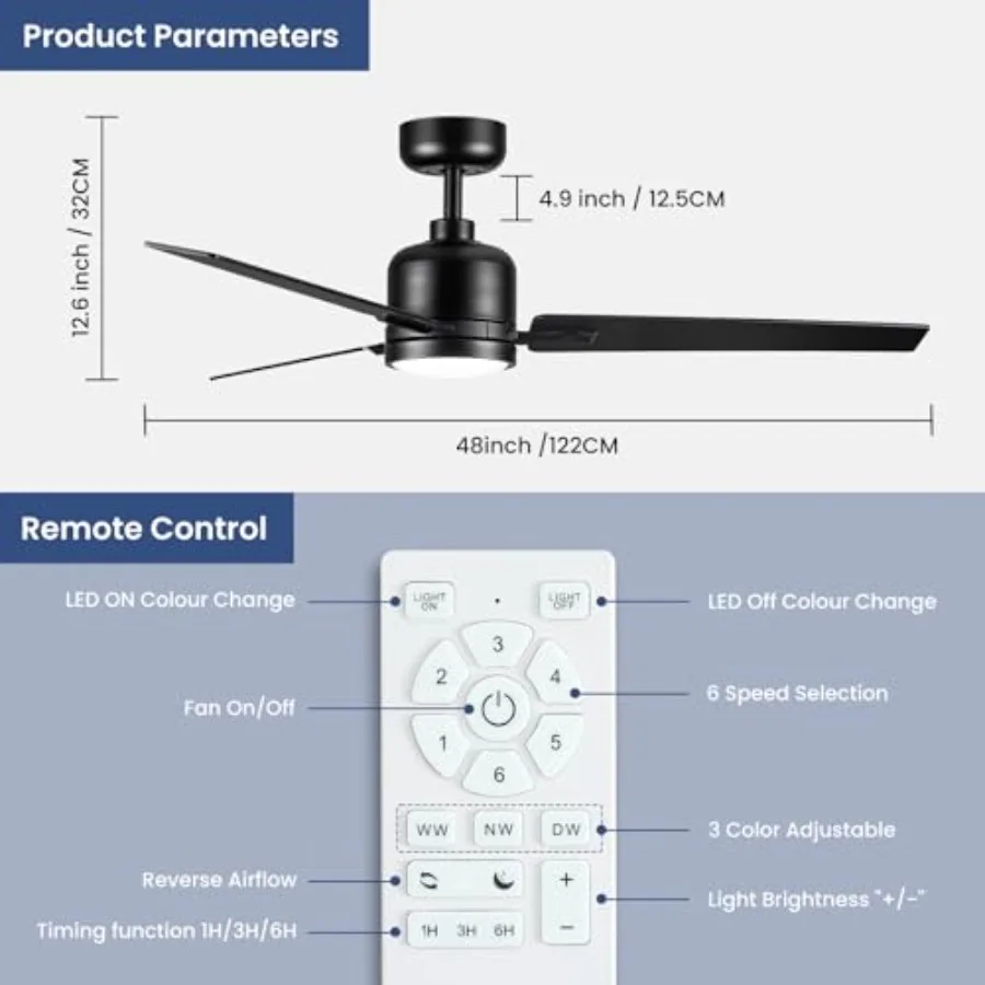 48 Inch Ceiling Fans with Lights Remote for Bedroom Living Room Kitchen Office, Indoor or Covered Outdoor, 3CCT Dimmable, Noise