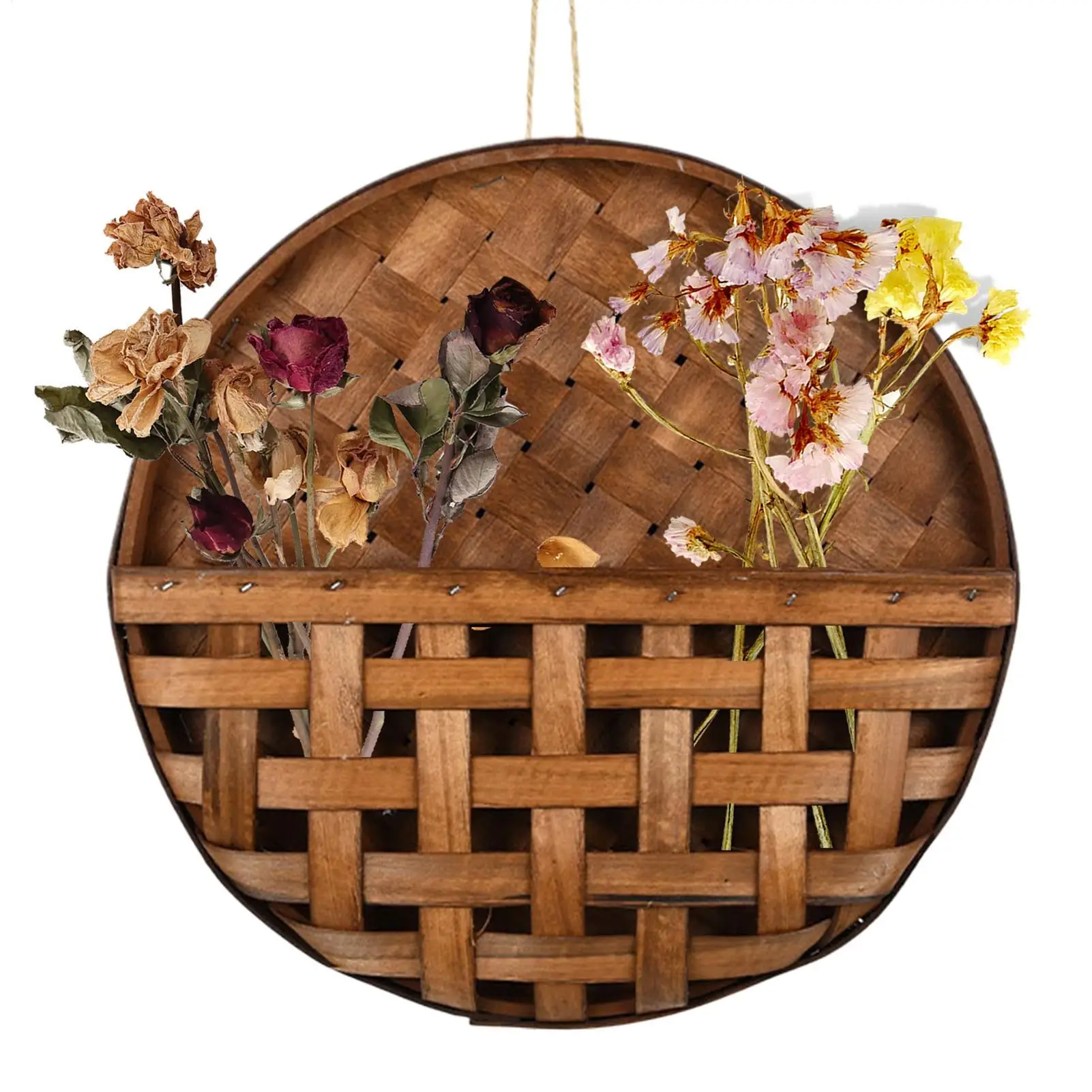 Wall Basket Rustic Woven Decorative Wooden Storage Organizer Wall Flower Basket for Home Indoor Dried Flower Fake Plant Entrance