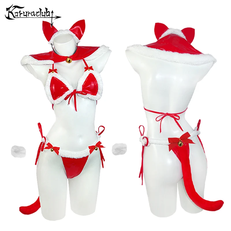 

Christmas women sexy white red plush lingerie cosplay cat bikini ears tail bow bell underwear