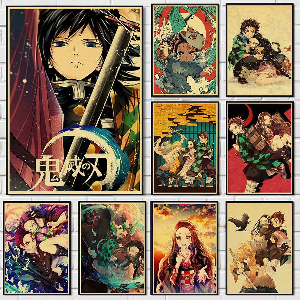 1pc Frameless Anime Art Canvas Poster Demon Slayer Retro Yellowing Modern Wall Decoration Suitable for Room Home Decoration