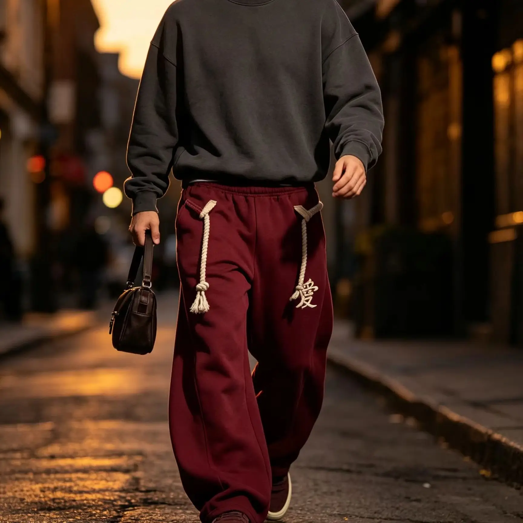 Men's Hip Hop Street Style Sweatpants Baggy Wide-Leg Casual Sports Pants with Thick Rope Drawstring And Chinese Love Character E