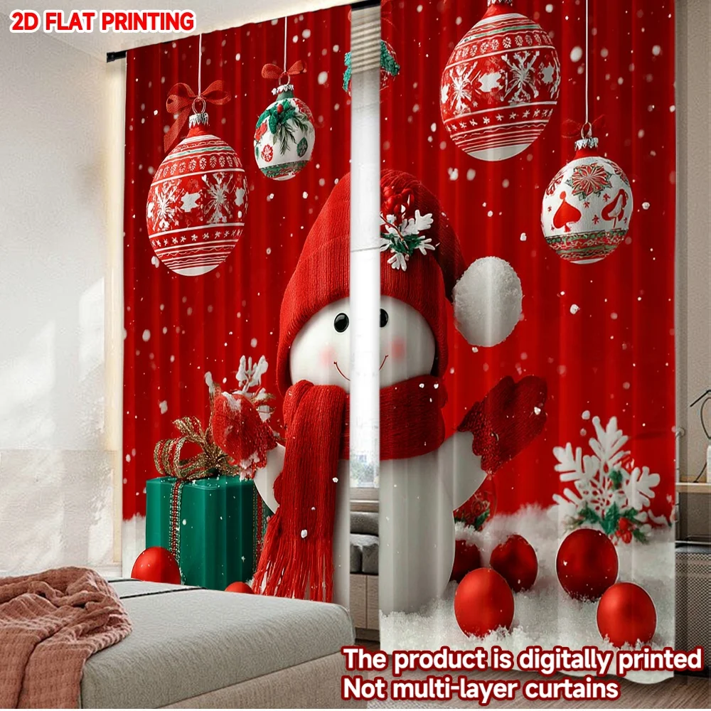 

2 шт., рождественские шторы со снеговиком, цифровая печать, красный шарф, снеговик с украшениями, подарки, снежинки для праздничного декора гостиной