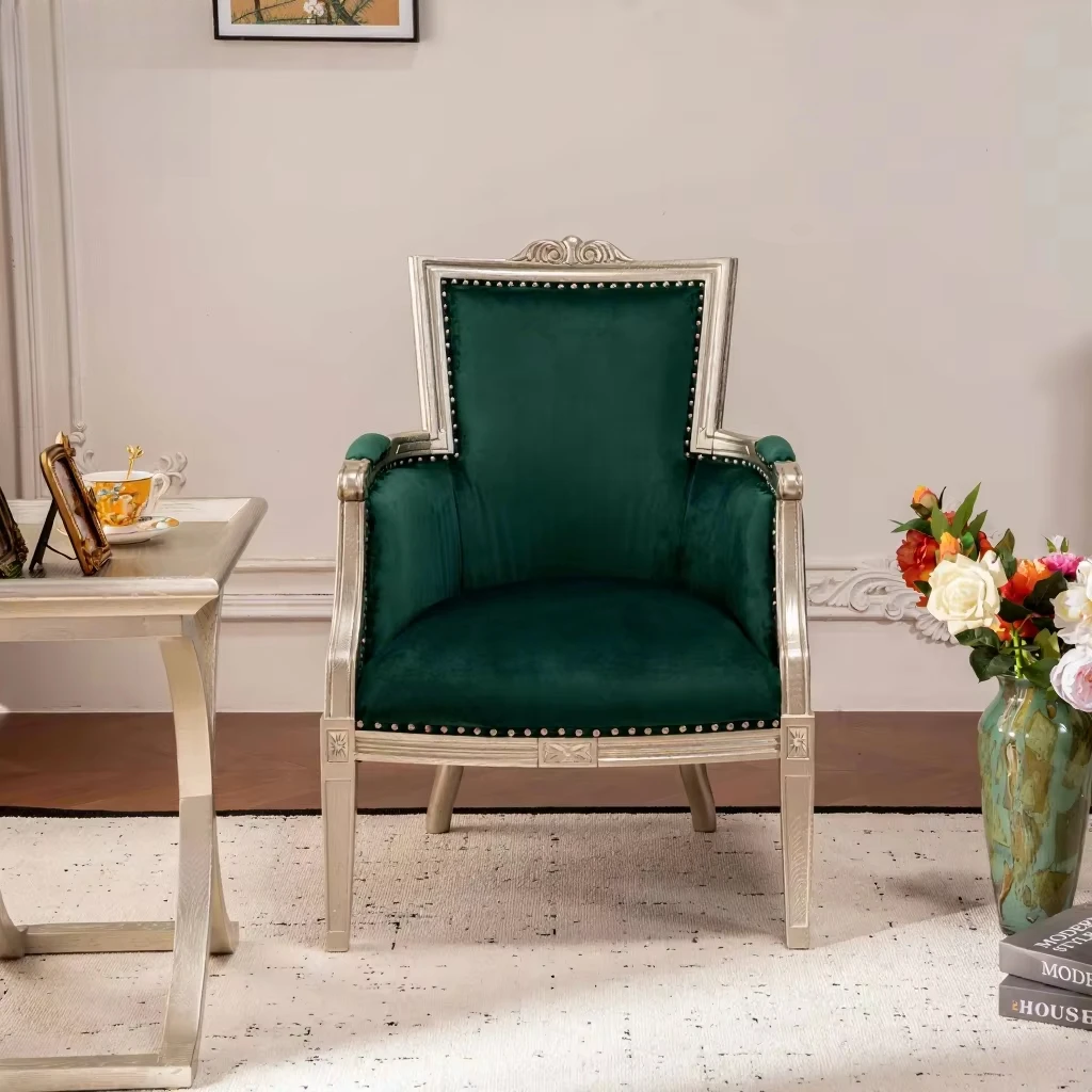 Luxury solid red oak armchair with emerald flocked leather upholstery, suitable for villas and hotels