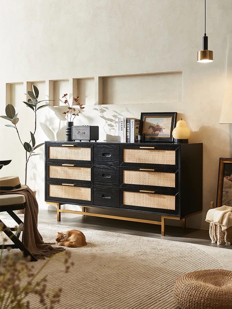 

Custom-made wood rattan chest ofdrawers, vintage sideboard, wabi-sabi style entrance cabinet, solid wood storage cabinet, locker