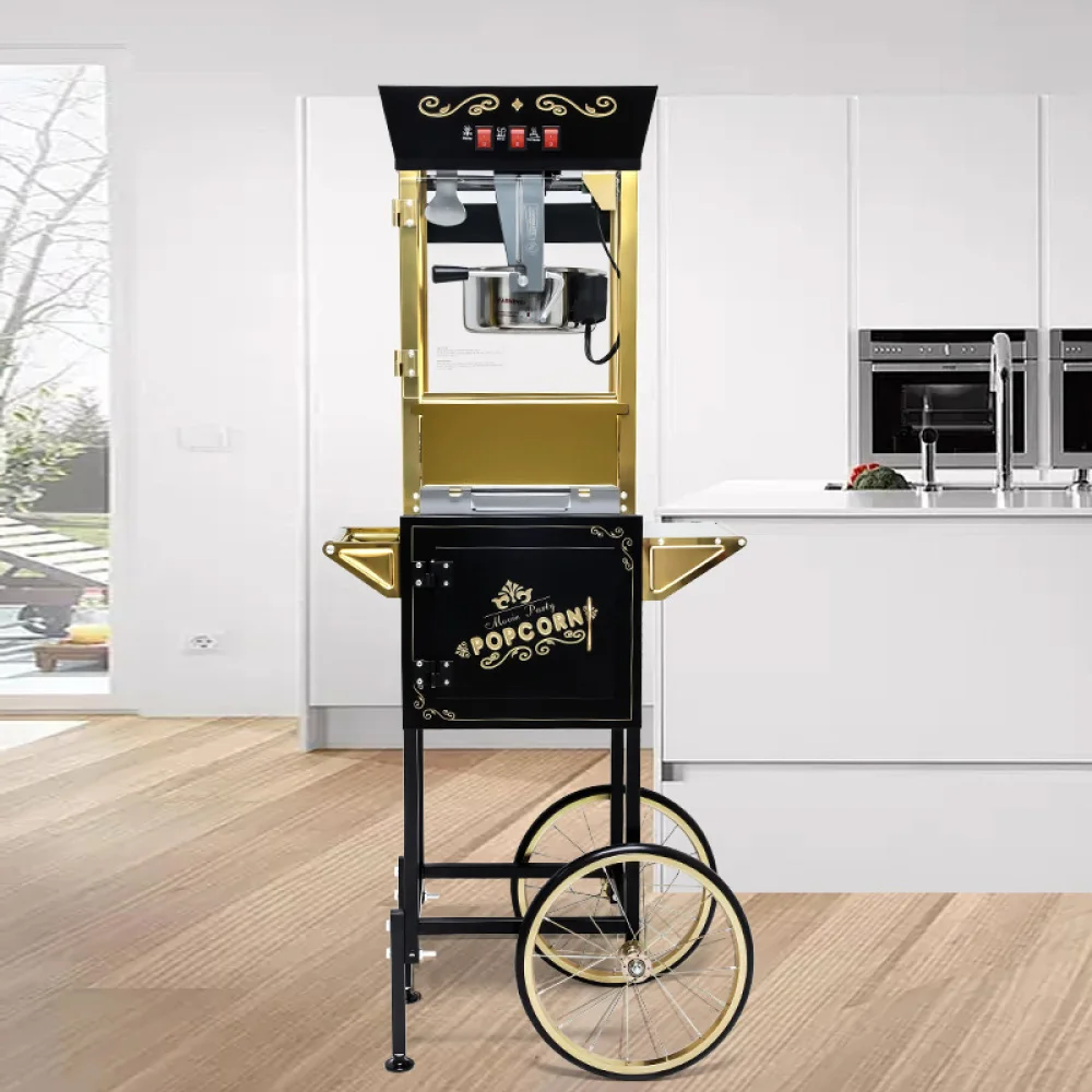 عربة آلة الفشار سعة 12 أونصة بتصميم بعجلات، غلاية من الفولاذ المقاوم للصدأ بتصميم عتيق، مظهر مسرح الأفلام للحفلات، أسود متحرك