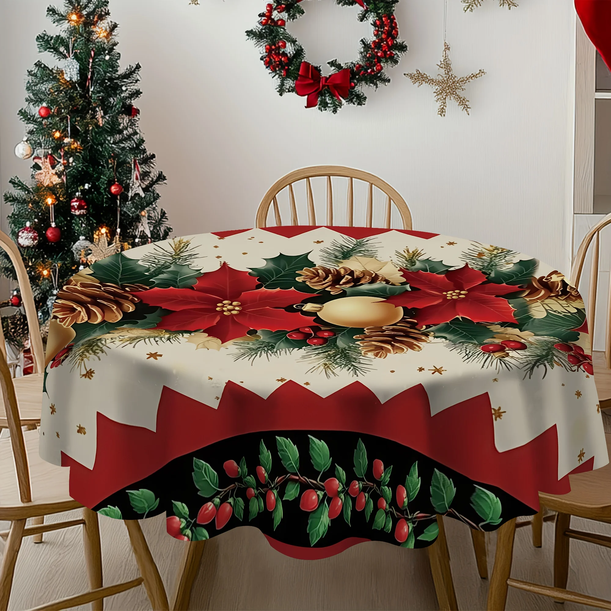 One-piece Christmas egg flower and pinecone festive tablecloth, suitable for dining room, kitchen and party settings.