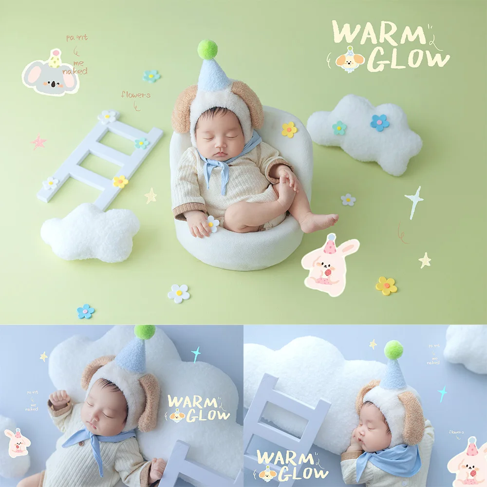 Newborn Milestone Photography Props Baby Romper+animal Ears Hat Set Cloud Cushion+mini Ladder for Studio Baby Growth Memory Prop