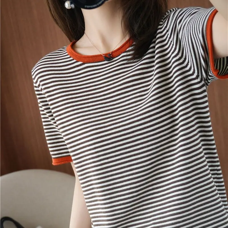 

Korean Versatile Comfortable Breathable Stripe Short Sleeve T-Shirt 2023 Summer Fashion New O Neck Casual T shirt Female Tops